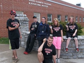 Queen Elizabeth Collegiate’s Special Olympics soccer team members, from left, Matt Hill, Braiden Foley, Dorothy Baker, Abby Snyder, Shelby Snyder and, front, William Lajoie. Tyler Moore was the other member of the team, which won a silver medal at the provincial championships last week. (Supplied photo)