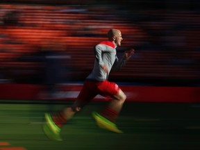 Michael Bradley of the U.S. men's national soccer team warms up before a friendly soccer match against Azerbaijan men's national soccer team in San Francisco, California May 27, 2014. (REUTERS/Stephen Lam)