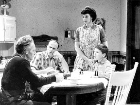 Haddon Whiteside, left, as Max the hired man, Al McPhail, as John Dickson, a farmer, June Rowe, as his wife, and John Robinson as their son, Joey Dickson, starred on CFPL-TV in 1963. Here the characters in Bill Corfield?s drama South East Pasture are in conflict over Max?s influence on Joey.