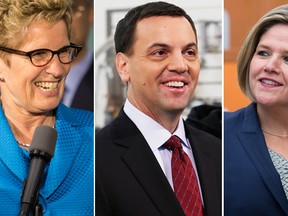 Party leaders Andrea Wynne (Liberal), Tim Hudak (PC), Andrea Horwath (NDP). File photos