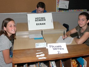 While Dillon Crossett, centre, casts his vote, polling clerks Amanda Wilcox, left, and Leyla Boyacigil take care of the paperwork.