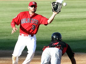 Winnipeg Goldeyes shortstop Tyler Kuhn catches a ball as Grand Prairie AirHogs center fielder Eric Baker slides safely into second during American Association baseball in Winnipeg, Man. Tuesday June 10, 2014.
Brian Donogh/Winnipeg Sun/QMI Agency