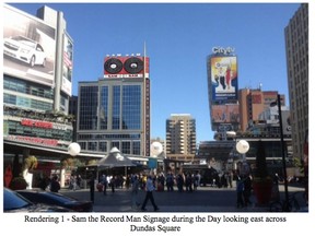 City of Toronto renderings of the proposed new spot for the Sam the Record Man sign in Yonge-Dundas Square. (Handout)
