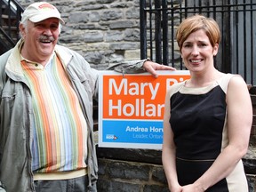 Longtime election volunteer Phil Trottier with Kingston and the Islands NDP candidate Mary Rita Holland. (Alex Pickering/For The Whig-Standard)