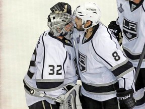 Kings’ Jonathan Quick (left) and Drew Doughty are both candidates for the Conn Smythe Trophy. (REUTERS)