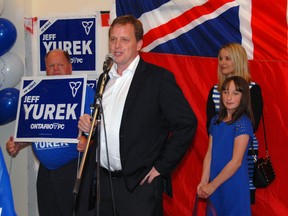 PC Jeff Yurek, seen here with his wife and daughter, was re-elected in Elgin-Middlesex-London in convincing fashion. (Ian McCallum, Times-Journal)