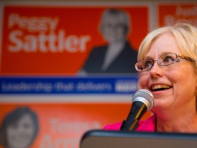 Victorious London West NDP MPP Peggy Sattler speaks at the NDP headquarters election at the GoodWill building on Horton Street  in London, Ont. on Thursday June 12, 2014. (MIKE HENSEN, The London Free Press)