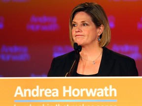 Ontario NDP Leader Andrea Horwath speaks during her post election reception at the Grand Olympia Hospitality and Convention Centre in Stoney Creek on June 12, 2014. (Dave Abel/Toronto Sun)