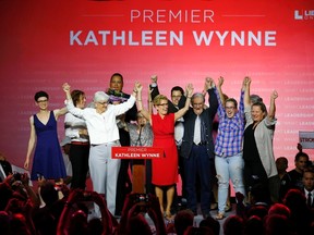 Liberal Leader Kathleen Wynne, her family and election team thank supporters at her election party headquarters in Toronto after winning a majority government. (REUTERS)