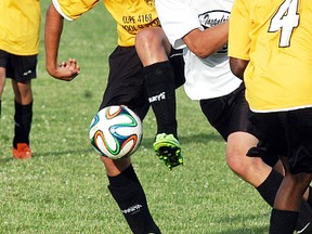 Brayden Jones of the CUPE 4168 Sting under-15 boys soccer team controls the ball during a game played against Taxandria at Kinsmen Park on June 11. Adam Berkvens scored the only goal of the game with just under six minutes remaining to give Wallaceburg a 1-0 win over Taxandria.