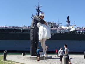 The Kissing Sailor Statue at Tuna Harbor Park in San Diego.
