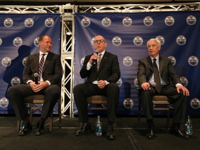 Kevin Lowe, Patrick Laforge and newly hired Bob Nicholson, all involved in the new Oilers Entertainment Group, spoke to media during Friday's press conference. (Perry Mah, Edmonton Sun)
