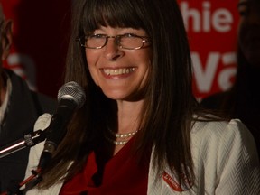 Liberal candidate Sophie Kiwala thanks her supporters during her victory speech Thursday night. (Michael Lea/The Whigg-Standard)