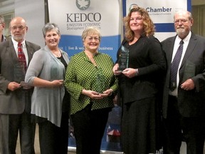 Inductees into the 2014 Kingston Business Hall of Fame pose after a Kingston Chamber of Commerce breakfast on Tuesday . Left to right, John Armitage, Susan Cooke, Marijke Wilkins, Sherri Agnew and Martin Secker. (Nick Faris/For The Whig-Standard)