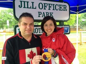 Coun. Jeff Browaty and Olympic gold medallist Jill Officer at the park naming ceremony June 14, 2014. (Twitter.com)