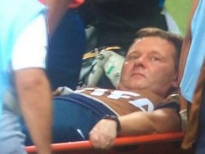 Gary Lewin, England's physio trainer, had to be stretchered off the sidelines after dislocating his ankle while celebrating a goal. (BBC)