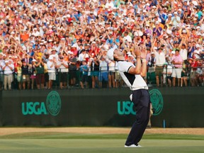 Martin Kaymer celebrates after sinking his wire-to-wire U.S. Open victory after putting out on the 18th green yesterday at Pinehurst No. 2. (REUTERS)