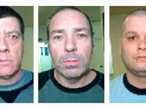 A combination photo shows the escapees (L-R) Denis Lefebvre, 53, Serge Pomerleau, 49, and Yves Denis, 35, who escaped from Orsainville Detention Centre using a helicopter in suburban Quebec City, Quebec June 7, 2014, in this undated handout picture released by Surete de Quebec on June 9, 2014.  (REUTERS/Surete du Quebec/Handout via Reuters)