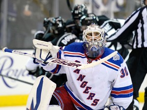 New York Rangers goalie Henrik Lundqvist reacts after giving up a goal against Los Angeles Kings during Game 5 of the Stanley Cup final. (Gary A. Vasquez/USA TODAY Sports)