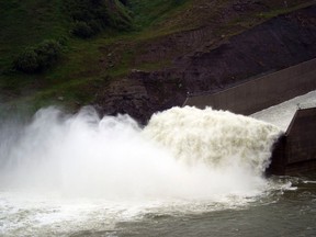 The Old Man Dam have opened the gates to the spillway as Pincher Creek and area continue to get pounded with rain. Greg Cowan photo/QMI Agency.