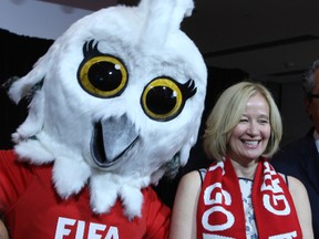 A Great White Owl named Shuéme (shoo-eh-me) was unveiled as the mascot for the 2015 Women's World Cup Tuesday morning at the Canada Nature Museum. Laureen Harper and dozens of young soccer players were on hand for the fun anouncement. 
(DOUG HEMPSTEAD/Ottawa Sun)