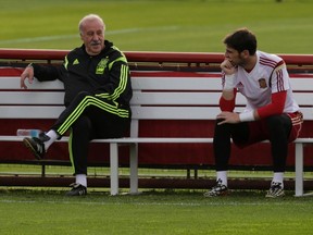 Spain's coach Vicente Del Bosque speaks with his goalkeeper Iker Casillas before a training session in Curitiba on June 14, 2014. (REUTERS/Henry Romero)