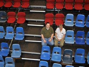 Chad Croteau, Fanshawe College professor in the Theatre Arts program, and Andrea Surich, The Grand Theatre’s production manager, sit inside the Good Foundation Theatre at Fanshawe College’s new downtown campus on Dundas Street June 17, 2014. CHRIS MONTANINI\LONDONER\QMI AGENCY