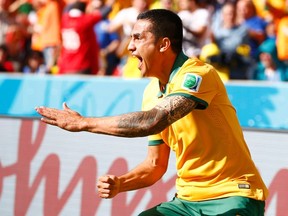 Australia's Tim Cahill celebrates his goal against the Netherlands during their World Cup Group B match at the Beira Rio Stadium in Porto Alegre, Brazil, June 18, 2014. (DARREN STAPLES/Reuters)