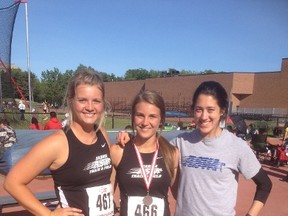 With the high school track and field season completed, the summer club season is now fully underway. Alex Coyle (left), Emily Campbell (center), and Danielle Quinn were just three of a number of Sarnia Athletics Southwest athletes that competed at the Athletics Ontario Combined Events Championships this past weekend. SUBMITTED PHOTO