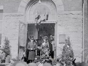 The Duke of Cannaught, Canada's Governor General, and his daughter, Princess Patricia, stand in the doorway of Sarnia General Hospital while touring the community in 1914. They were special guests as Sarnia celebrated officially becoming a city 100 years ago. 
Photo courtesy of the Lambton County archives