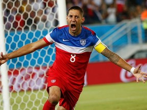 Clint Dempsey of the U.S. celebrates after scoring their first goal during their 2014 World Cup Group G soccer match against Ghana at the Dunas arena in Natal June 16, 2014. (REUTERS/Toru Hanai)