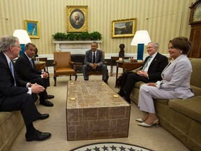 U.S. President Barack Obama (C) meets with Congressional leaders to discuss the situation in Iraq in the Oval Office of the White House in Washington June 18, 2014.

REUTERS/Kevin Lamarque