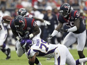 Argos defensive lineman Delano Johnson, seen here in 2012 pre-season action with the Houston Texans. (AFP)