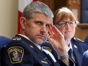 Chief of Belleville police Cory McMullan and Deputy Chief Paul Vandegraaf at Belleville Polcie Service Board Meeting at city hall Thursday, June 19, 2014. LUKE HENDRY/THE INTELLIGENCER