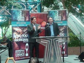 Stefano Grande, Downtown BIZ executive director and Dave McLeod, CEO of NCI FM, announce Aboriginal Peoples Choice Music Awards nominees June 19, 2014. (JIM BENDER/Winnipeg Sun)