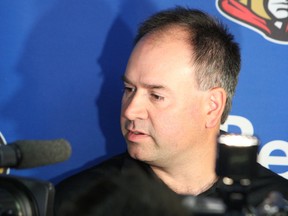 Senators Assistant GM Pierre Dorion speaks to reporters at the team's final media availability ahead of next week's NHL draft June 27-28 at the Wells Fargo Center in Philadelphia. DOUG HEMPSTEAD/Ottawa Sun