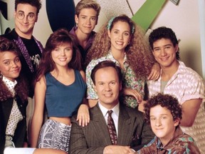 Cast from Saved by the Bell are pictured: (l-r) Lark Voorhies as Lisa Turtle, Ed Alonzo as Max, Tiffani Thiessen as Kelly Kapowski, Mark-Paul Gosselaar as Zachary ‘Zack’ Morris, Dennis Haskins as Mr. Richard Belding, Elizabeth Berkley as Jessica ‘Jessie’ Myrtle Spano, Dustin Diamond as Samuel ‘Screech’ Powers, Mario López as Albert Clifford ‘A.C.’ Slater. (NBC)