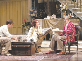 Ruby Joy (Sorel Bliss), Tyrone Savage (Simon Bliss), Lucy Peacock (Judith Bliss) and Kevin Bundy (David Bliss), are shown in a scene from the Stratford Festival production of Hay Fever. There are good moments, particularly in the second half and there are good individual performances but the set upstages the play itself, our reviewer says. (Cylla von Tiedemann/Special to QMI Agency)