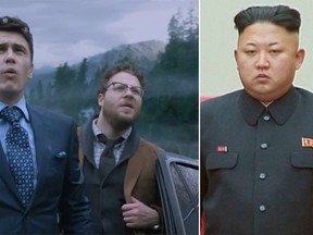 James Franco, left, and Seth Rogen, middle, star in the film “The Interview.” North Korea leader Kim Jong-Un is reportedly unimpressed with the film. (YouTube screengrab and REUTERS/Kyodo photos)