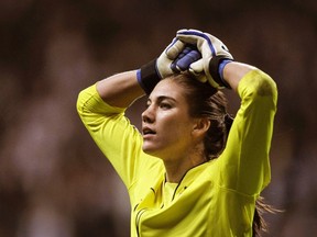 U.S. goalkeeper Hope Solo was arrested June 20, 2014 for allegedly striking her sister and her nephew during a dispute at her home in a Seattle suburb, police told the Seattle Times. (REUTERS/Alex Domanski/Files)