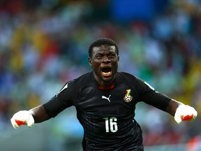 Ghana's goalkeeper Fatau Dauda  celebrates their second goal during the 2014 World Cup Group G soccer match between Germany and Ghana at the Castelao arena in Fortaleza June 21, 2014. (REUTERS/Eddie Keogh)