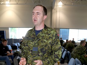 Deputy Commander of ATF 1401, Lt.-Col. Jay Nelles, speaks about the deployment of ATF members to Romania. About 40 members of the task force were deployed from CFB Trenton Saturday evening. 
Emily Mountney/The Intelligencer/QMI Agency