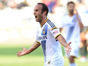 Los Angeles Galaxy forward Landon Donovan (10) reacts after scoring his 136th MLS goal in the second half of the game against the Philadelphia Union at StubHub Center on May 25, 2014 in Carson, CA, USA. (Jayne Kamin-Oncea/USA TODAY Sports)
