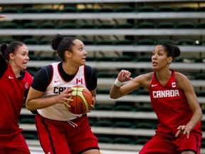 Shona Thorburn (left) and Miranda Ayim (right) guard Kalisha Keane during a practice of Canada's national basketball team at the Saville Community Sports Centre at the University of Alberta in Edmonton, Alta., on Thursday, Aug. 8, 2013. Ian Kucerak/Edmonton Sun/QMI Agency