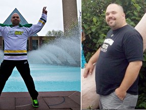 Before and after: Subway Commit to Fit ambassador Carl Savard, left, performs jumping jacks in front of City Hall in Edmonton on May 29, 2014. Savard lost 100 pounds in 10 months. (Codie McLachlan/QMI Agency)