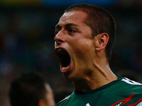 Mexico's Javier Hernandez shouts as he celebrates a goal against Croatia during their 2014 World Cup Group A soccer match at the Pernambuco Arena in Recife June 23, 2014. (REUTERS/Paul Hanna)