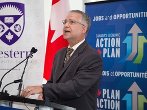 Gary Goodyear, Minister of State for Fed/Dev Ontario, speaks during the grand opening of Western University's Collider Centre for Technology Commercialization in London. (DEREK RUTTAN/ The London Free Press /QMI AGENCY)