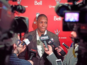 Raptors GM Masai Ujiri talks about the coming NBA draft during a media availabilty. Toronto will pick 20th in the first round on Thursday night. (CRAIG ROBERTSON/Toronto Sun)