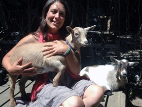 Julie Casey sits with Nutmeg, left, and Butternut, two pygmy goats she hopes to use for an animal assisted therapy practice at her home in St. Thomas. Casey is seeking an exemption from a by-law that prohibits keeping goats in the city. Ben Forrest/Times-Journal