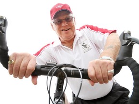 Gino Donato/The Sudbury Star
Canadian Forces veteran Art Brochu, 70, made a stop in Sudbury while cycling across Canada to grant wishes for children living with life-threatening illnesses. On May 1, Brochu started his voyage from Port Hardy on Vancouver Island with a target to raise $100,000 in four months for the Children’s Wish Foundation of Canada . He will finish his campaign on August 15th in St. John's, NL. For more information or to make a donation, got o www.childrens-wish.ca/artcyclesforwishes.